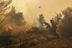 Местные жители помогают пожарным тушить лесной пожар близ Афин, 19 июля 2023 года