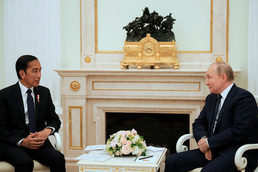 Президент РФ Владимир Путин и президент Индонезии Джоко Видодо во время встречи в Москве, 30 июня 2022 года