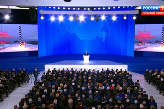 Кадр из презентации ракетного комплекса «Сармат» во время послания президента России Владимира Путина к Федеральному собранию в Москве, 1 марта 2018 года