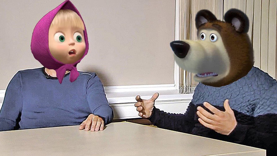 Маша и Медведь во время интервью Маргарите Симоньян (коллаж)