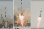 Кадры из трансляции запуска ракеты «Союз-2.1а» с кораблем «Прогресс МС-08» с космодрома Байконур, 13 февраля 2018 года
