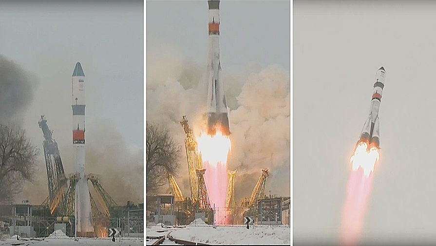 Кадры из трансляции запуска ракеты «Союз-2.1а» с кораблем «Прогресс МС-08» с космодрома Байконур, 13 февраля 2018 года