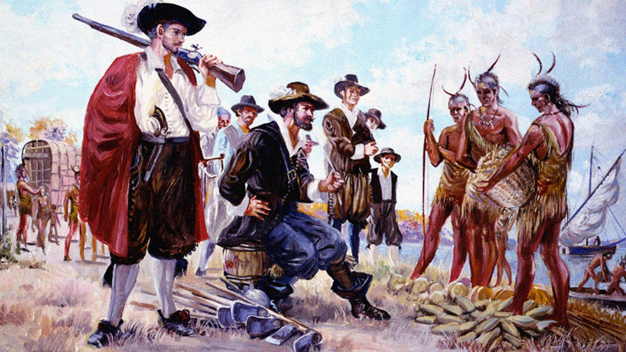 Капитан Джон Смит во время торговля с индейцами в Виргинии. Художник: Сидни Кинг. Фрагмент картины