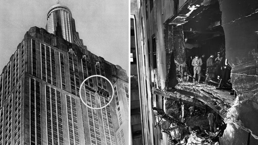 Последствия столкновения бомбардировщика B-25 со зданием Эмпайр-стейт-билдинг (Empire State Building) в&nbsp;Нью-Йорке, 28 июля 1945 года