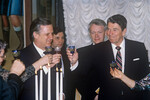 Председатель Совета Министров СССР Николай Рыжков и президент США Рональд Рейган (слева направо) во время торжественного обеда в честь американских гостей в Грановитой палате Московского Кремля, 1988 год