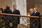 Ангела Меркель, Петр Порошенко, Александр Лукашенко и Владимир Путин (слева направо) на переговорах «нормандской четверки» в Минске, 2015 год

