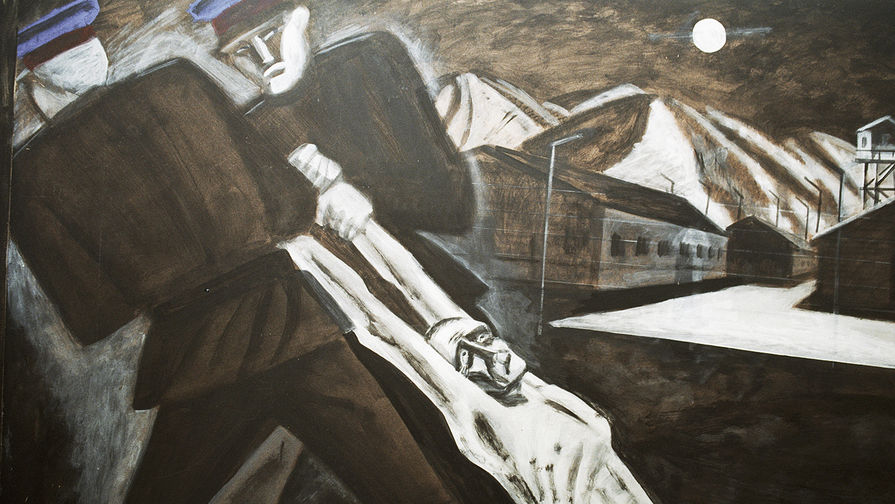 Репродукция картины художника Игоря Обросова «Зомби ГУЛАГа» на выставке «Сталинские репрессии», 2003 год