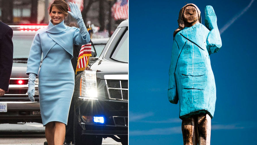 Меланья Трамп во время церемонии инаугурации 45-го президента США в&nbsp;январе 2017 года и скульптура Меланьи Трамп на&nbsp;окраине её родного города Севницы, 7 июля 2019 года (коллаж)