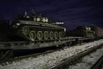 Эшелон с танками во время последнего этапа вывода войск после российско-белорусских учений «Союзная решимость-2022», февраль 2022 года