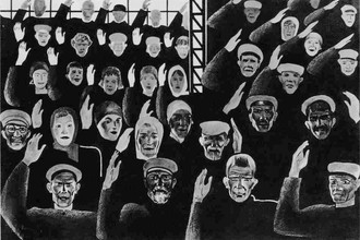 Александр Дейнека, «Постановили единогласно». Рисунок для журнала «Безбожник у станка». 1925