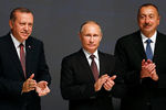 Президент Турции Реджеп Эрдоган, президент РФ Владимир Путин и президент Азербайджана Ильхам Алиев 