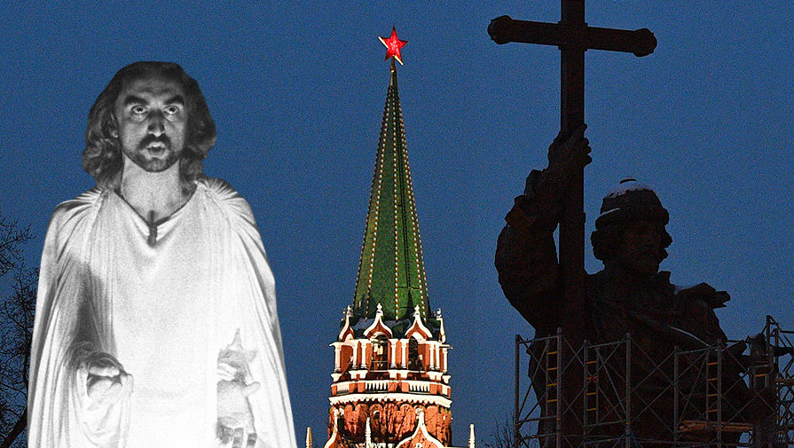 Иисус Христос из спектакля «Иисус Христос — суперзвезда» и памятник князю Владимиру в центре Москвы, коллаж
