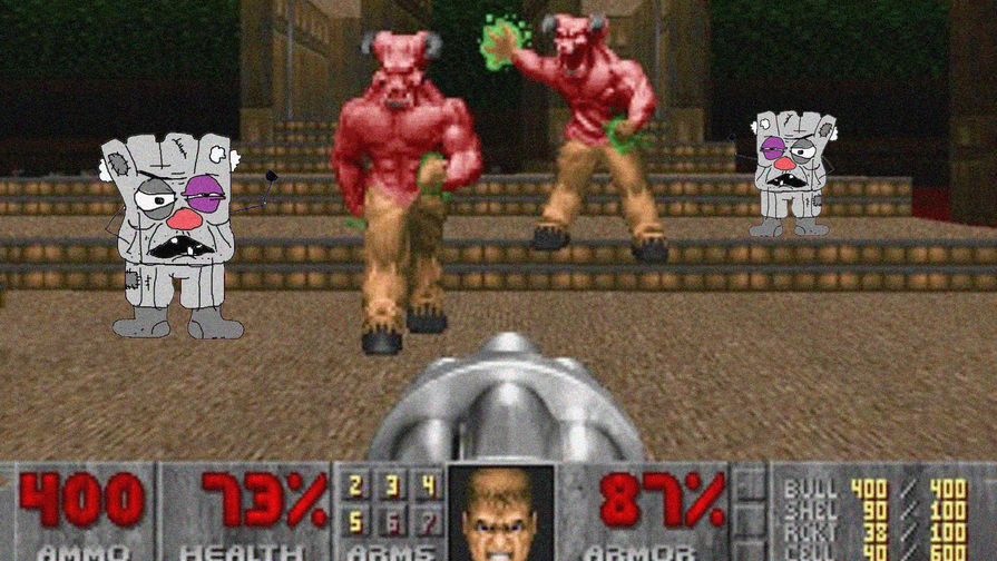 Кадр из видеоигры Doom (1993) и интернет-персонаж «квадратный ватник», коллаж «Газеты.Ru»