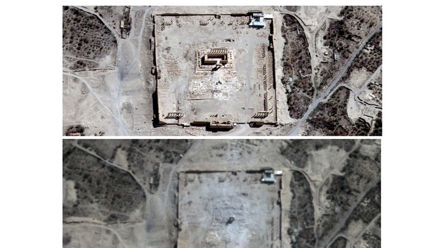 Храм Бэла до&nbsp;и после разрушения (спутниковый снимок)