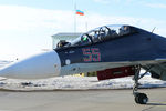 Вслед за ним на взлет отправляется двухместный многоцелевой истребитель Су-30СМ бортовой номер 55.