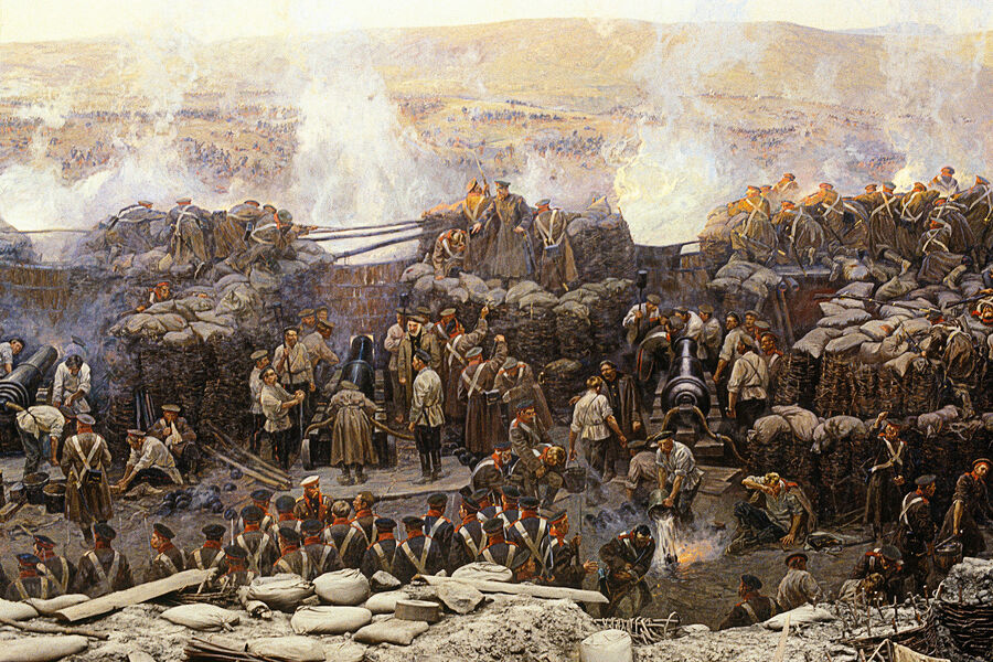 Один из фрагментов панорамы «Оборона Севастополя 1854-1855 гг.» Ее автор Ф.Рубо (1856-1928) запечатлел один день из 11-месячной обороны города - 6 июня 1855 года, когда 75-тысячная русская армия отразила штурм 173-тысячного англо-французского войска