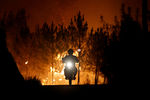 Пожарный на мотоцикле во время лесного пожара около города Каштелу-Бранку в Португалии, июль 2017 года