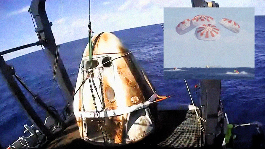 Космический корабль Crew Dragon компании SpaceX Илона Маска после полета к МКС и успешного приводнения в Атлантическом океане, 8 марта 2019 года