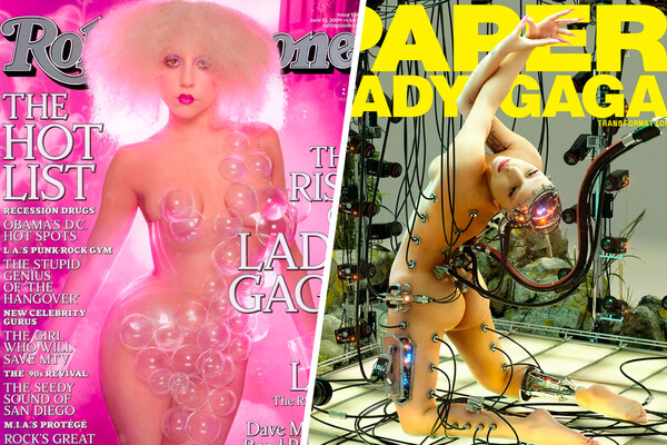 <b>Леди Гага, Rolling Stone 2009&nbsp;и Paper Magazine 2020</b>
<br>
Самые креативные «обнаженные» обложки журналов были у&nbsp;Леди Гаги. В&nbsp;2009 году певица и актриса снялась для&nbsp;Rolling Stone в&nbsp;голом наряде из&nbsp;пузырей, а в&nbsp;2020-м &mdash; в&nbsp;образе киборга для&nbsp;Paper Magazine.
