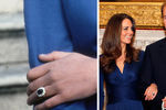 Обручальное кольцо Дианы с синим сапфиром и бриллиантами вокруг него теперь носит Кейт Миддлтон. На фото слева кольцо на руке Дианы