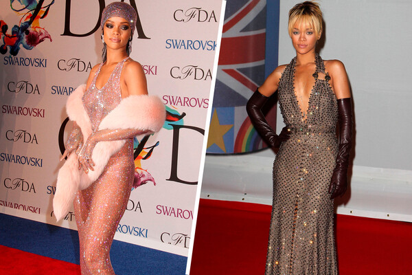 Рианна на&nbsp;церемонии вручения наград Brit Awards, 2012&nbsp;год (справа); на&nbsp;красной ковровой дорожке премии CFDA, 2014&nbsp;год (слева)