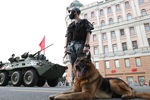 Военнослужащий с собакой во время проезда военной техники на Тверской улице перед репетицией парада на Красной площади, посвященного 75-й годовщине Победы в Великой Отечественной войне, 17 июня 2020 года