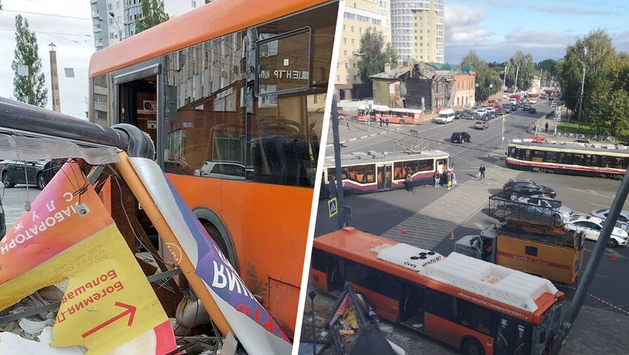 Автобус выехал на тротуар и врезался в столб на Сенной площади в Нижнем Новгороде