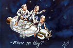 Американские астронавты Ванс Бранд, Дональд Слейтон и Томас Стаффорд ищут советский космический корабль «Союз» с алексеем Леоновым и Валерием Кубасовым. Рисунок Леонова, 1975 год