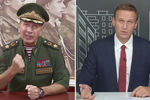 Глава Росгвардии Виктор Золотов и политик Алексей Навальный на кадрах из видео, коллаж «Газеты.Ru»