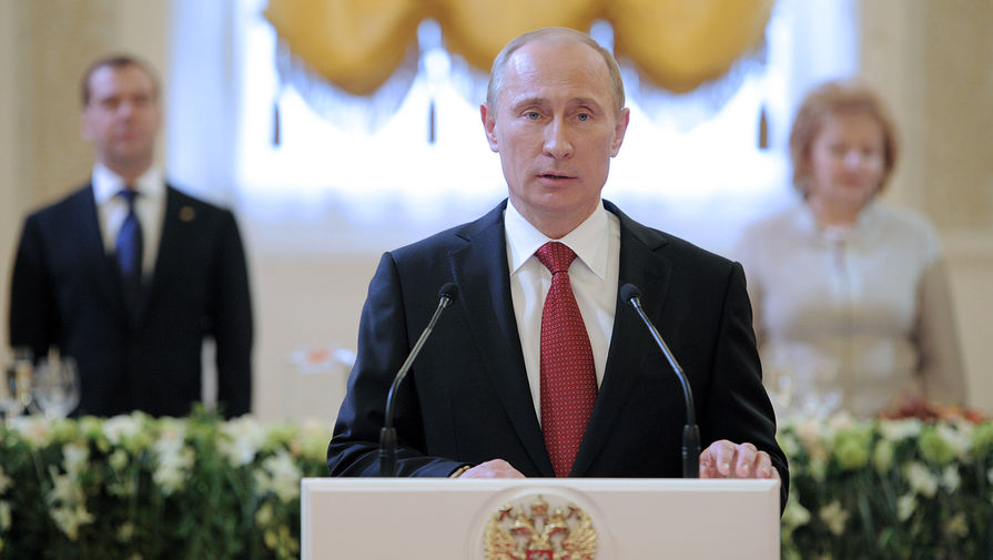 Избранный президент России Владимир Путин во время выступления на&nbsp;церемонии инаугурации в&nbsp;Андреевском зале Большого Кремлевского дворца, 7 мая 2012 года