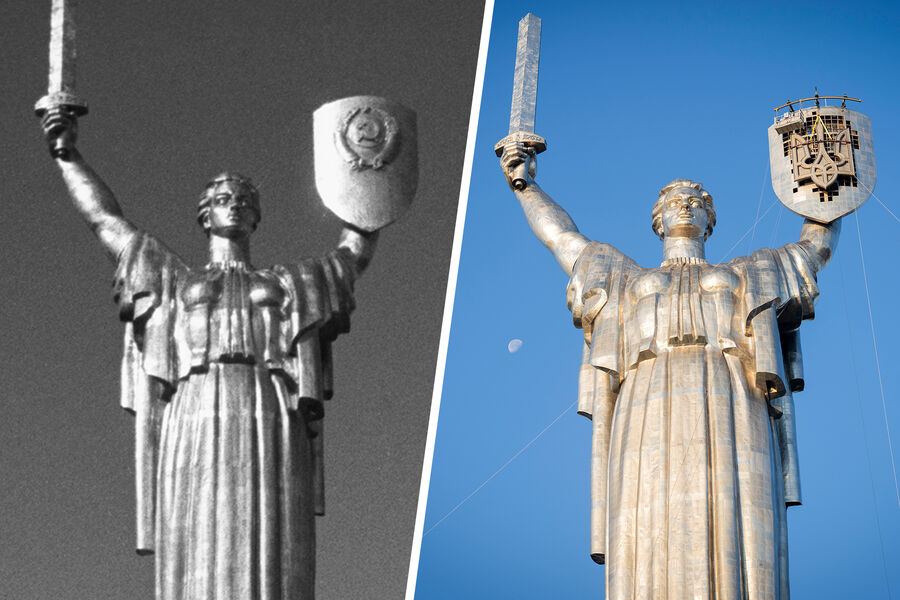 Монумент-скульптура &laquo;Родина-мать&raquo; в&nbsp;1982 и 2023&nbsp;году (коллаж)