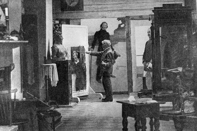 Художник Илья Репин пишет автопортрет в своей усадьбе «Пенаты», 1914 год