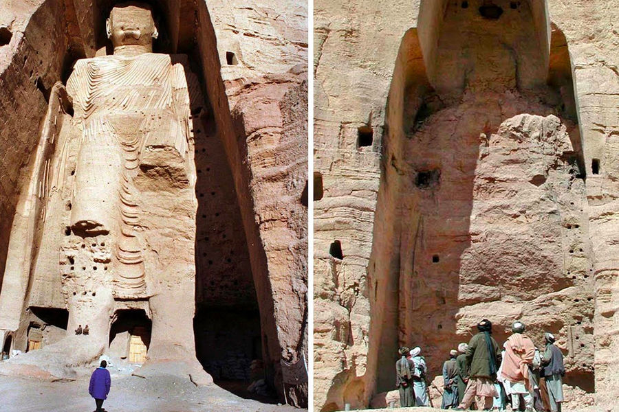 Статуя Будды в Афганистане до и после уничтожения талибами в 2001 году (коллаж)