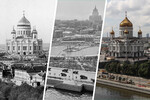 Слева направо: кафедральный собор Русской православной церкви храм Христа Спасителя в Москве (1920 год), бассейн «Москва» на месте снесенного храма (1960 год), воссозданный храм Христа Спасителя на Пречистенской набережной (7 сентября 2017 года)