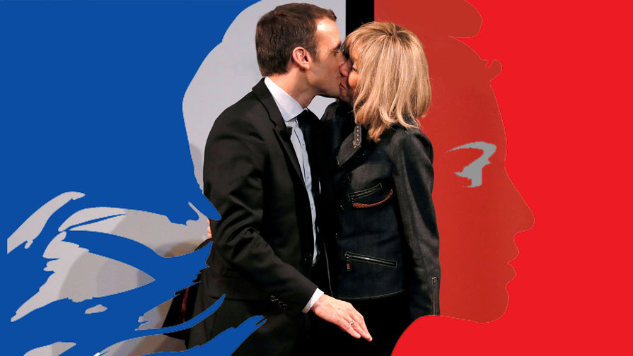 Эммануэль Макрон с супругой Бриджит Тронье во время встречи в честь Международного женского дня в Париже, 8 марта 2017 года. Коллаж с Марианной — символом Французской республики