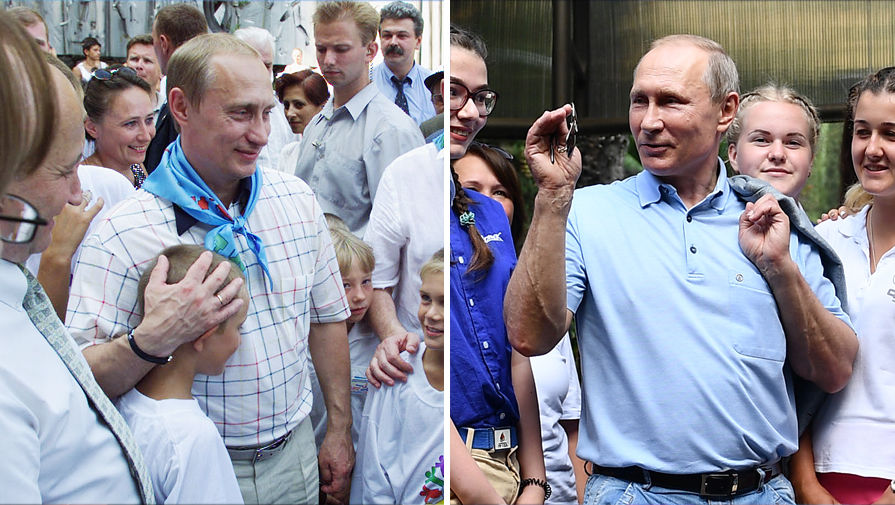 Президент России Владимир Путин во время посещения детского центра &laquo;Артек&raquo; в&nbsp;2001 году и в&nbsp;2017 году, коллаж &laquo;Газеты.Ru&raquo;