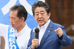 Синдзо Абэ во время выступления, 6 июля 2022 года