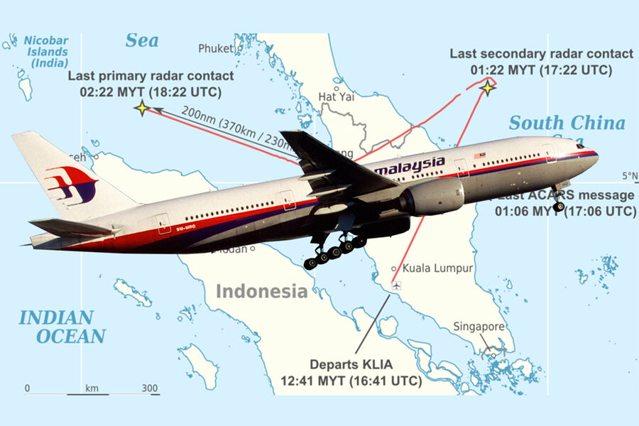 Путь самолета рейса MH370 на карте и фотография самого Boeing 777 Malaysia Airlines, коллаж «Газеты.Ru»