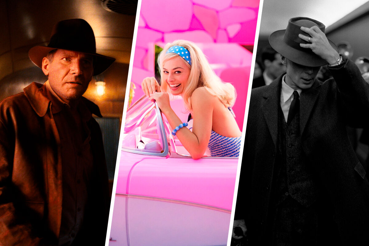Кадры из фильмов «Индиана Джонс и часы судьбы»(2023), «Барби» (2023) и «Оппенгеймер» (2023)