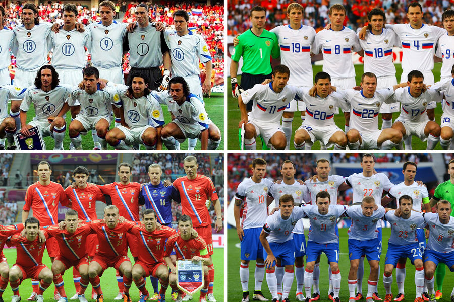 Сборная России по футболу в 2004, 2008, 2012 и в 2016 году (коллаж)