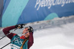 Российская спортсменка Юлия Белорукова после финиша спринта среди женщин в полуфинальных соревнованиях по лыжным гонкам на Олимпиаде в Пхенчхане, 13 февраля 2018 года