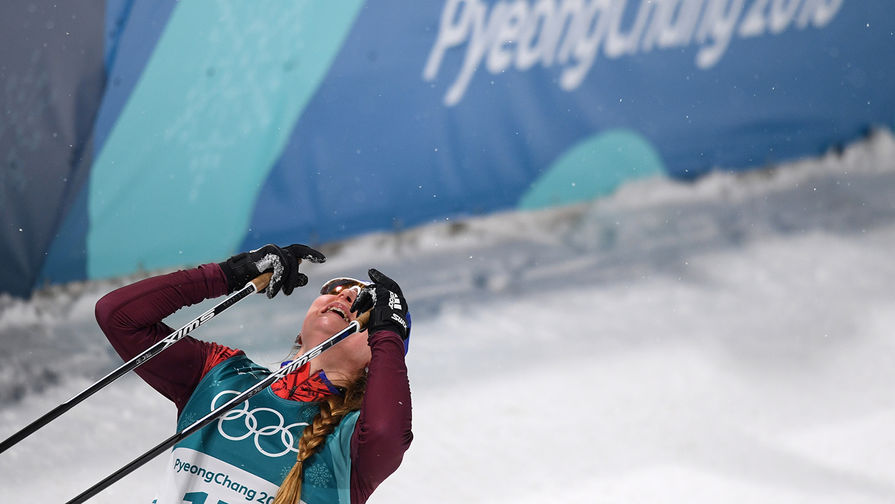 Российская спортсменка Юлия Белорукова после финиша спринта среди женщин в полуфинальных соревнованиях по лыжным гонкам на Олимпиаде в Пхенчхане, 13 февраля 2018 года