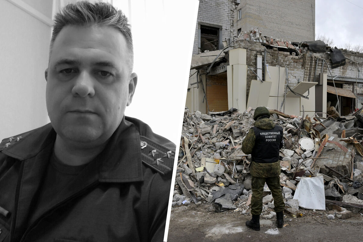 Алексей Потелещенко (слева) и последствия удара ВСУ по зданию пекарни в Лисичанске 3 февраля 2024 года 