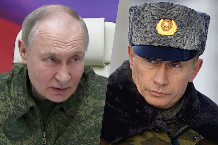 Владимир Путин во время совещания на&nbsp;одном из&nbsp;пунктов управления курской группировкой войск 12&nbsp;марта 2025&nbsp;года и на&nbsp;космодроме Плесецк в&nbsp;2004 году
