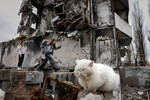 Дети проходят мимо разрушенного здания в Бородянке, 14 ноября 2022 года