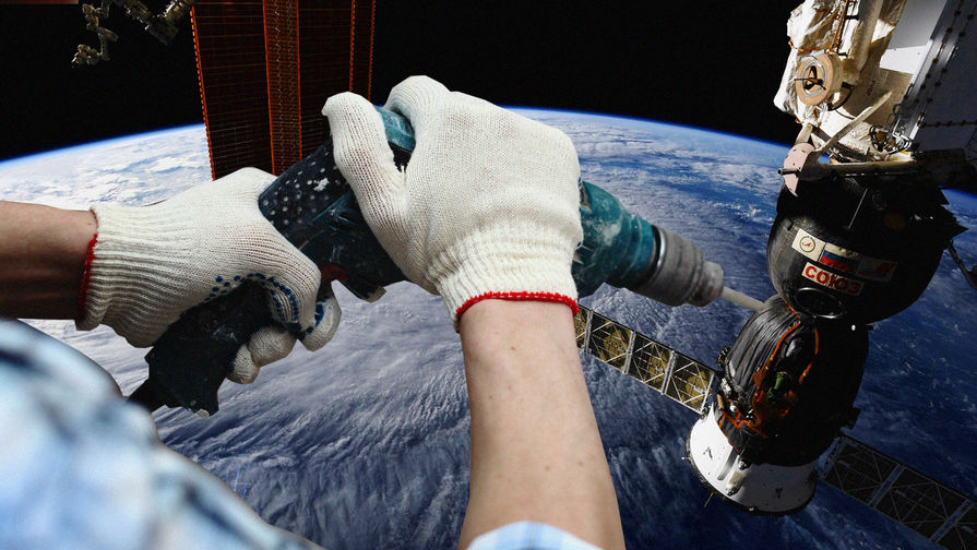 Вид на Международную космическую станцию и человек с дрелью, коллаж «Газеты.Ru»