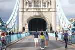 The road of Tower Bridge is seen stuck in the open position, due to a technical fault, in London, Britain, August 9, 2021. REUTERS/Henry Nicholls
