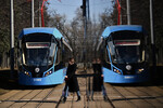 Новые российские трамваи «Витязь-М» в трамвайном депо имени Баумана в Москве, 2017 год