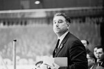 Тренер сборной команды СССР по хоккею Анатолий Тарасов наблюдает за игрой своих подопечных на XXXIV чемпионате мира и Европы, 1967 год