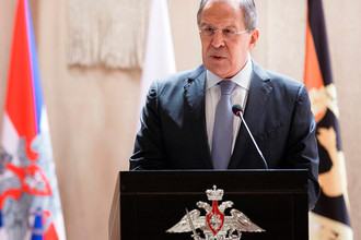 Министр иностранных дел Сергей Лавров во время выступления с лекцией в Военной академии Генштаба ВС России, 23 марта 2017 года